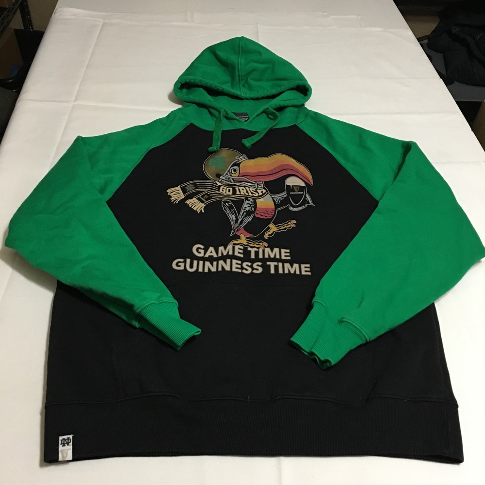 Guinness Notre Dame Hoodie Large Black Green Toucan Graphic Raglan Pullover